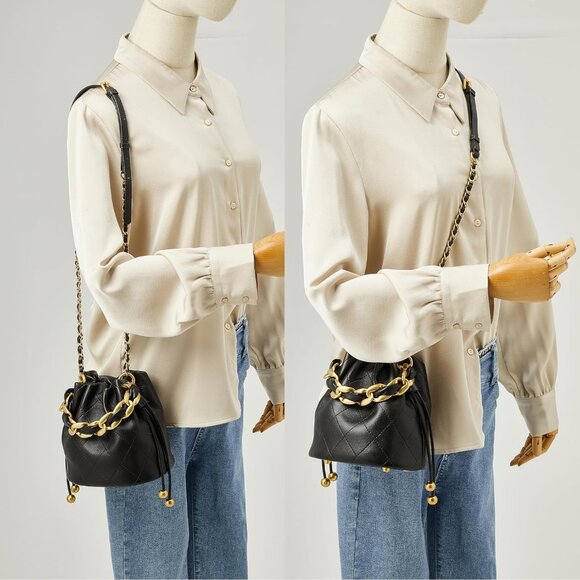 Women black Elegant Caramel Crochet Purse Gold Chain Shoulder Bag - Picture 8 of 8